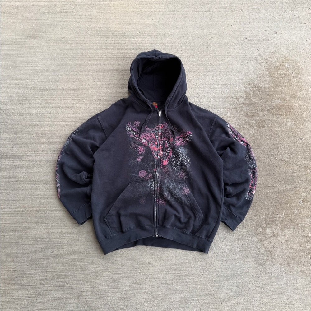 Vintage Hot Leathers Skeleton Key & Lock Grunge Zip Up Hoodie Y2K Unisex Skulls